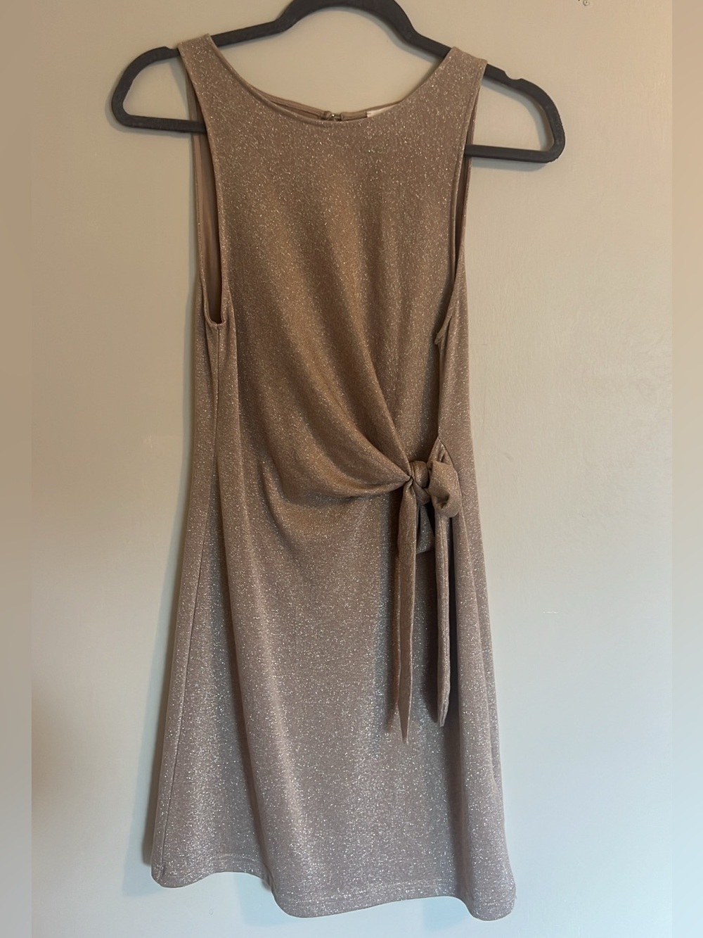 Grace & Mila Sleeveless Sparkle Taupe Mini Dress with Side Tie
